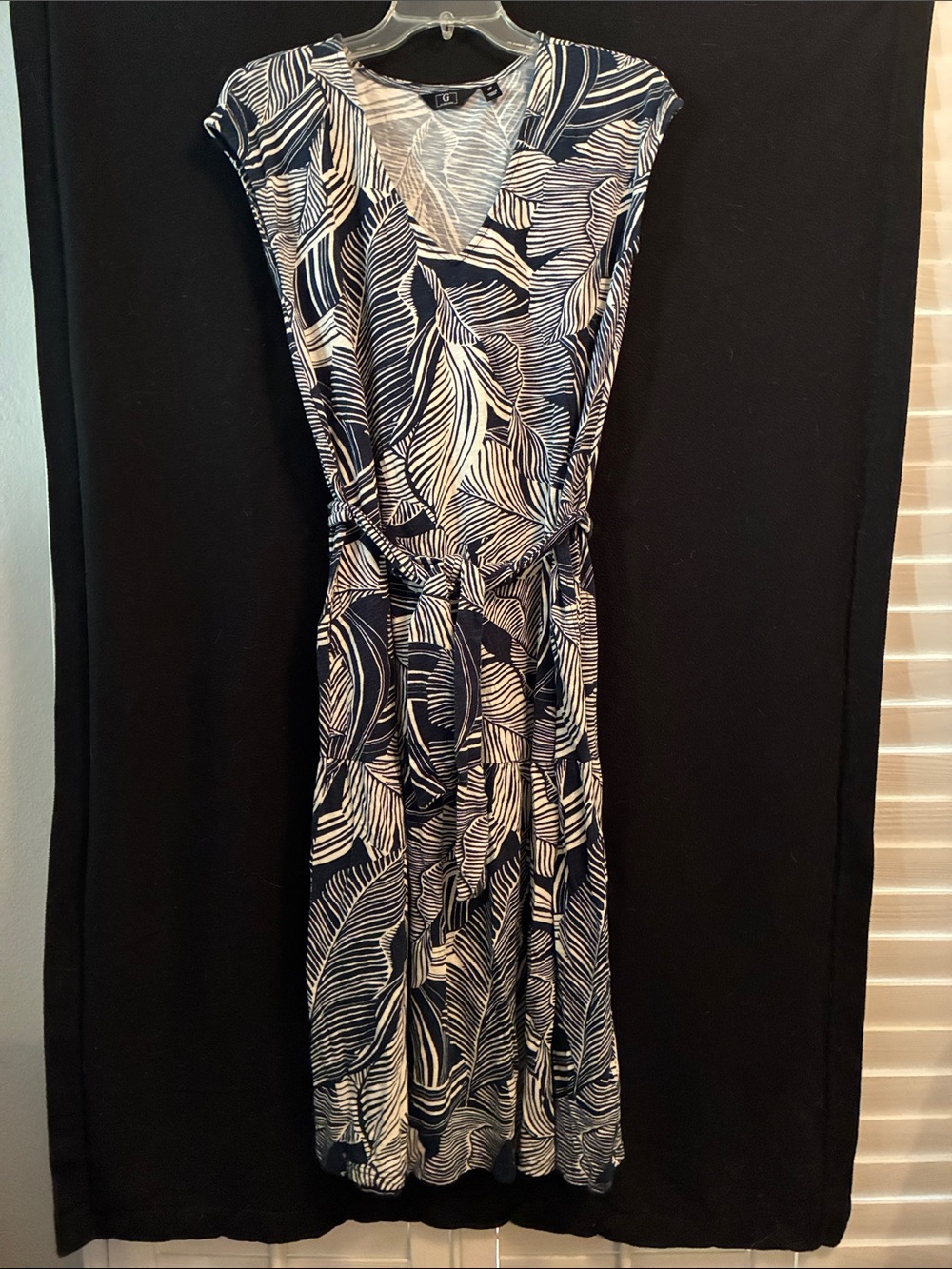 G by Giuliana Navy and White Leaf-Print Faux Wrap Midi Dress